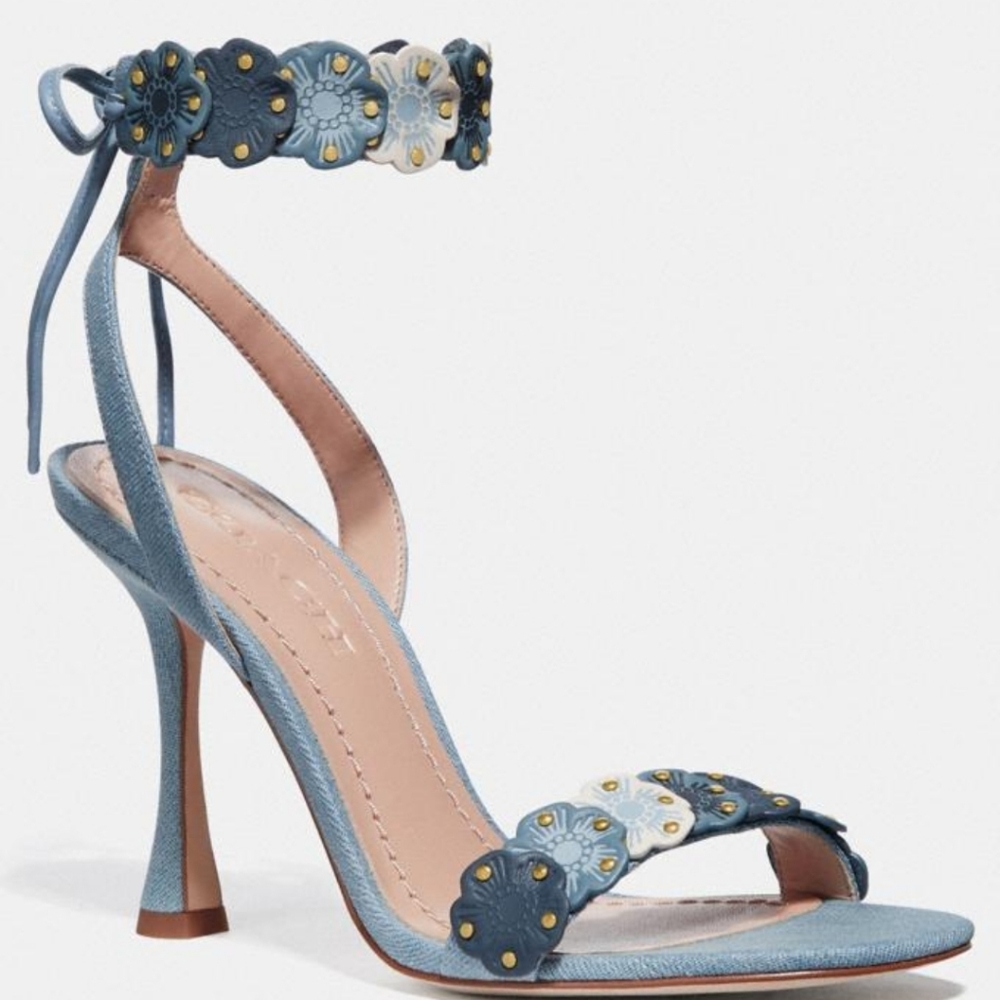 NWOT Denim Coach Strappy Heels with Signature Tea Roses and Studs!